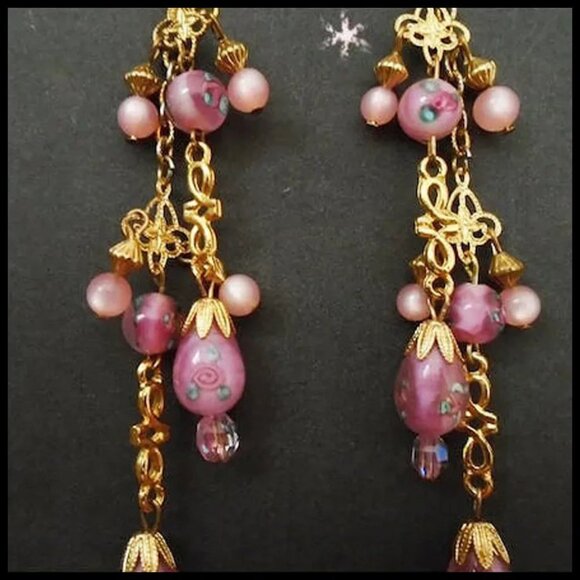 Extra Long Cluster Chain Earrings with Pink Lamp Beads are Recycled Vintage - Picture 3 of 9